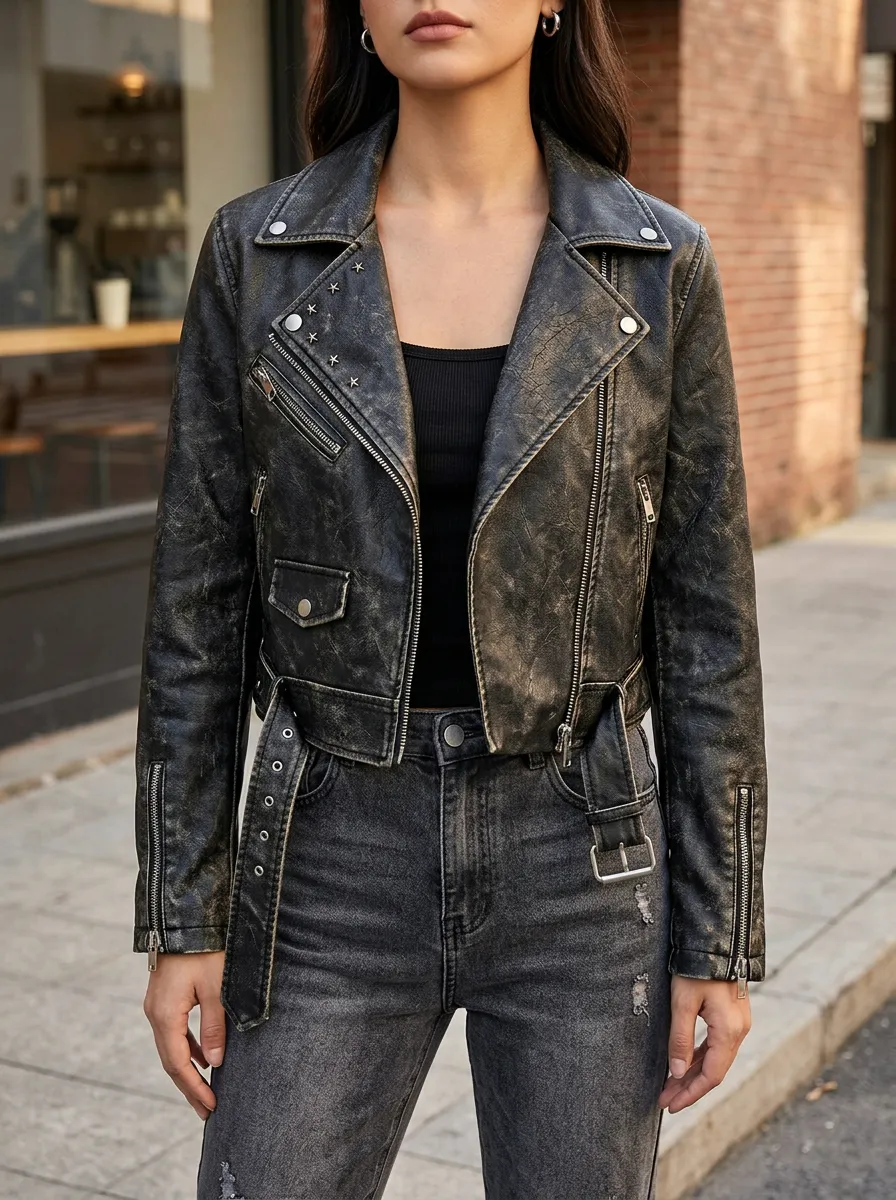 Women's Vintage Distressed Star Studded Faux Leather Jacket