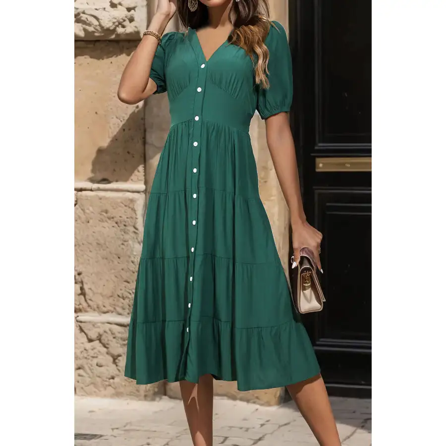V-Neck Button Up Balloon Sleeve Midi Dress