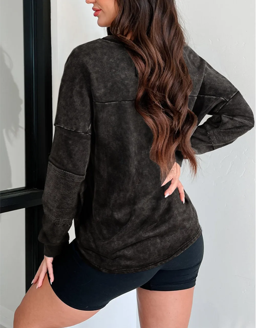 Women's Mineral Wash V Neck Button Detail Pullover Top