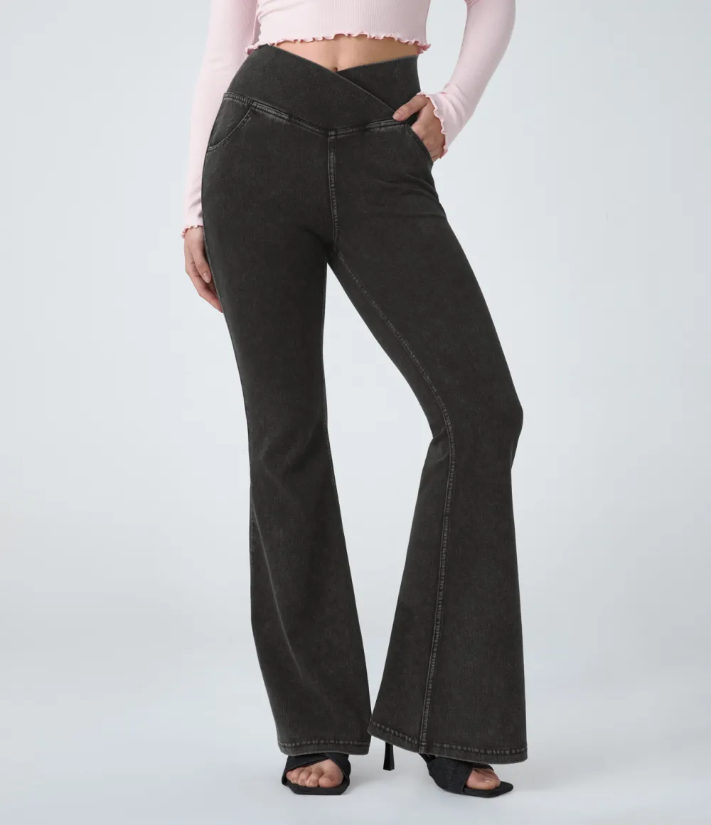 Magic High Waisted Crossover Pocket Cool Touch Washed Stretchy Knit Casual Super Flare Jeans