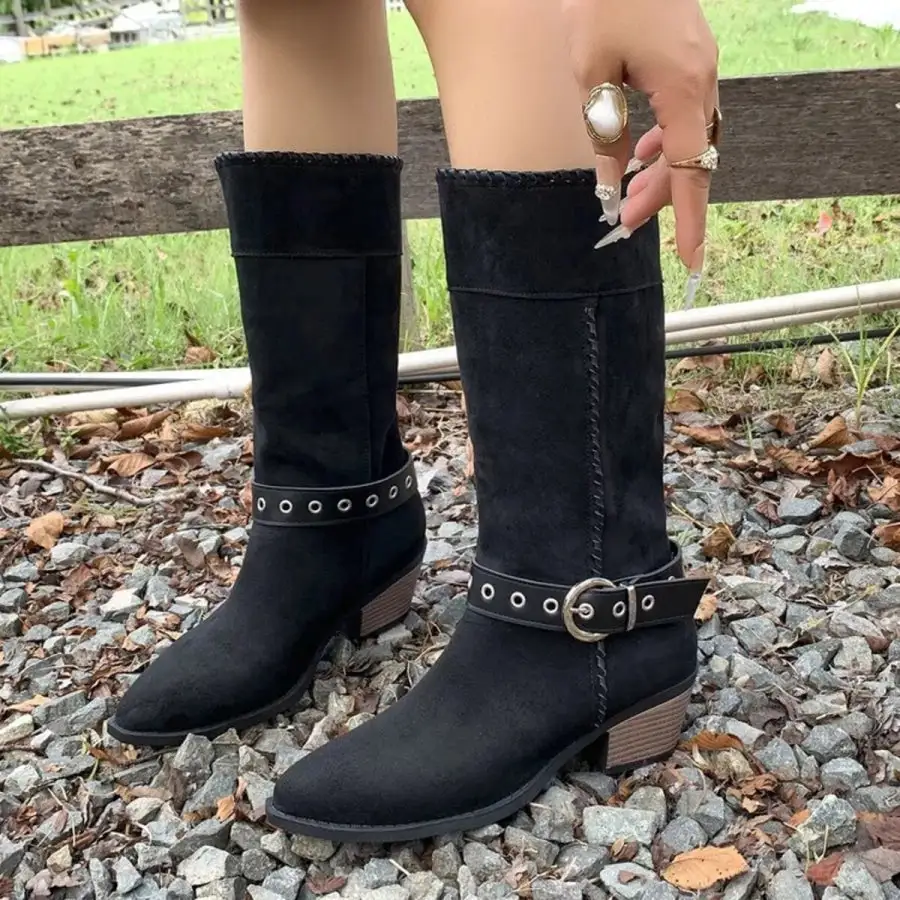 Simple Point Toe Block Heels Boots