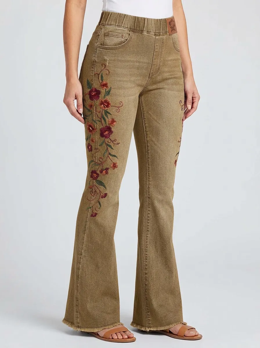 Women's Medium Wash Floral Embroidery High-Rise Flare Jeans