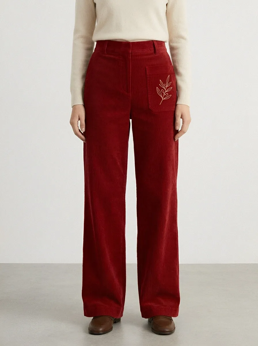 Women's Botanical Nature Lover Olive Branch Printed Corduroy Pants