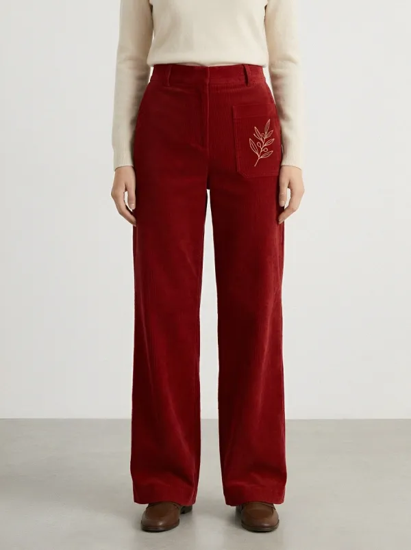 Women's Botanical Nature Lover Olive Branch Printed Corduroy Pants