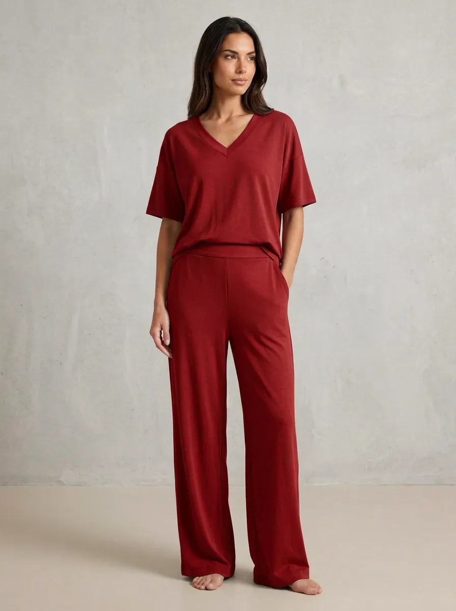 Women's Drop-Shoulder V-Neck Top And Wide-Leg Trouser Lounge Set