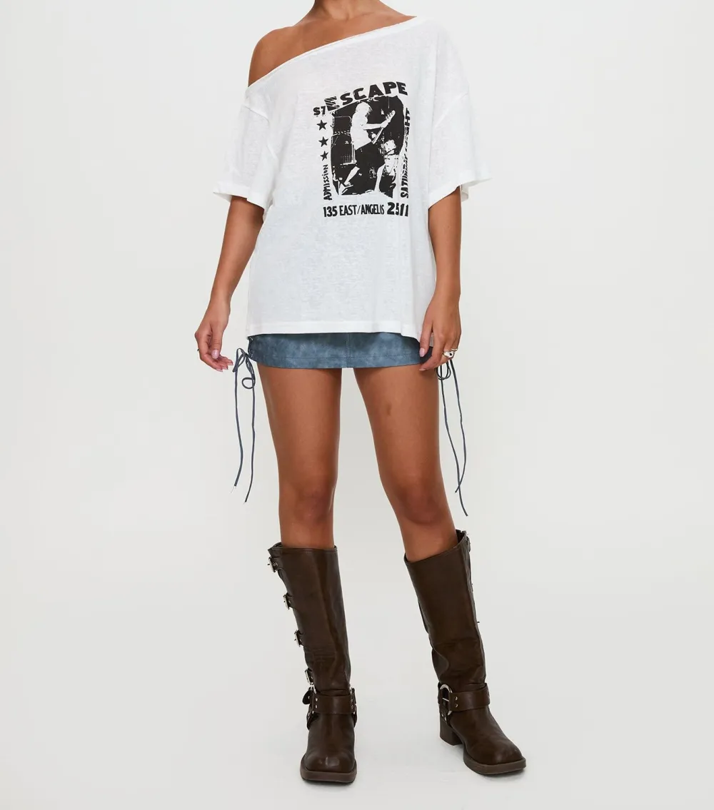 White Off-Shoulder Oversized Graphic Tee