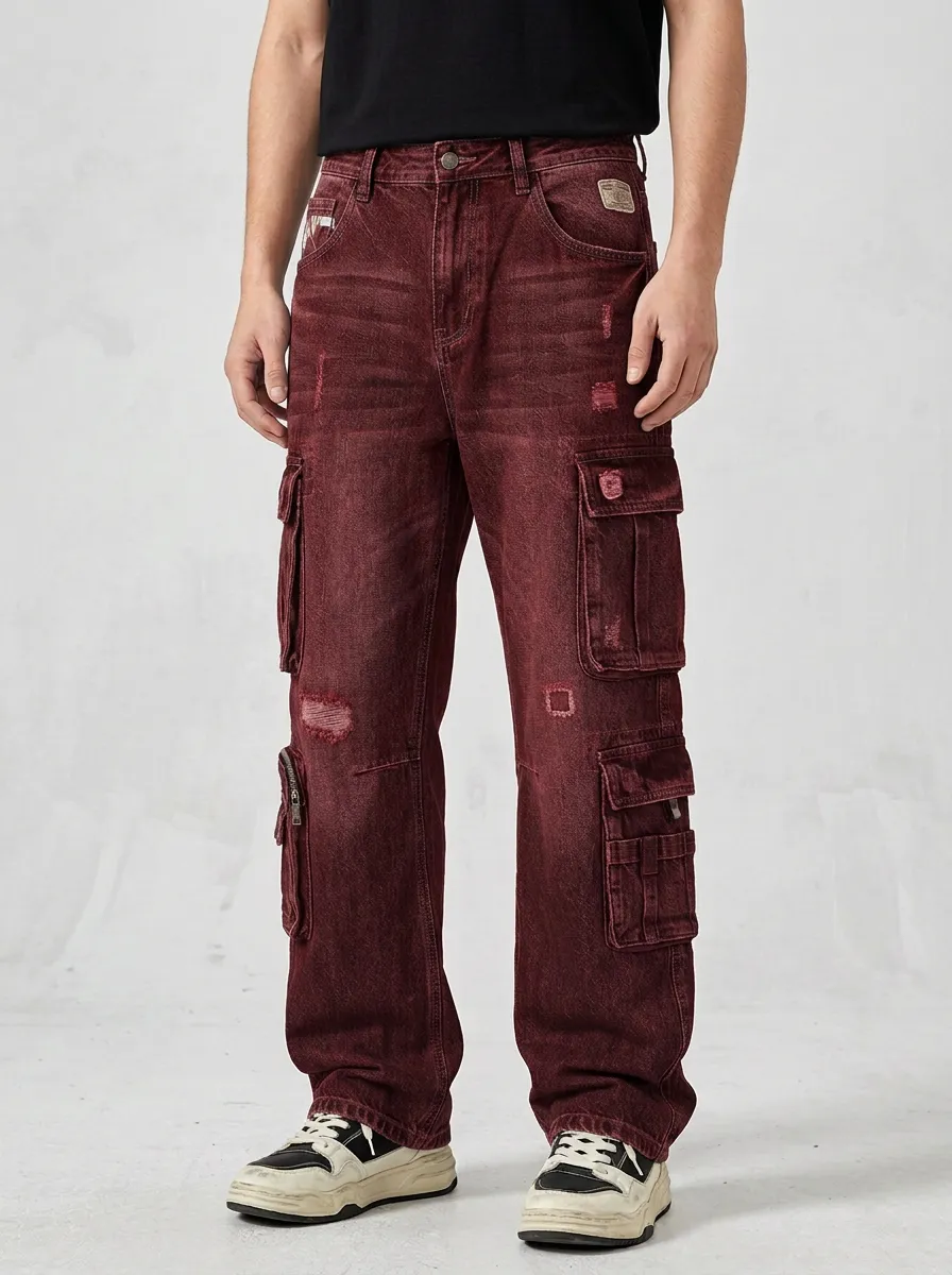 Men's Forge Streetwear Distressed Denim Multi-Pocket Cargo Jeans