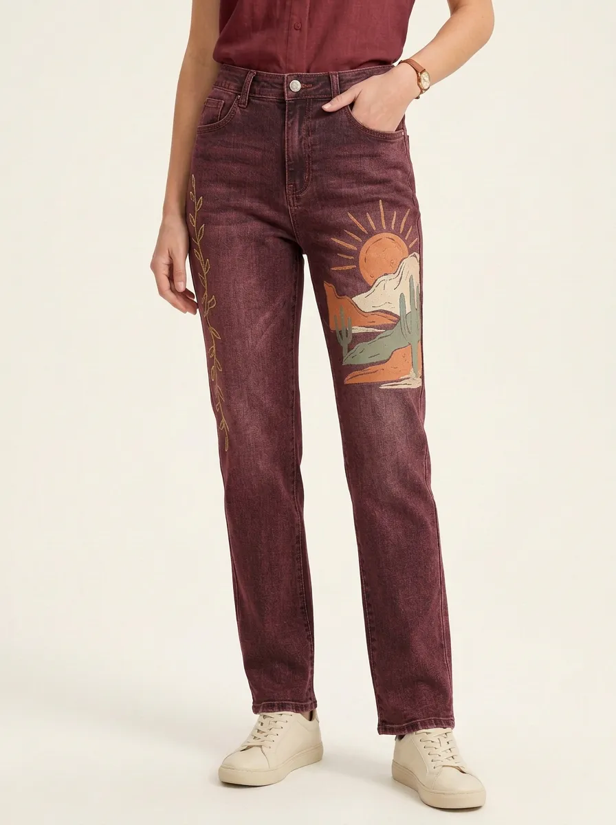 Women's Medium Wash Desert Cactus Embroidered High-Rise Five-Pocket Straight Leg Jeans