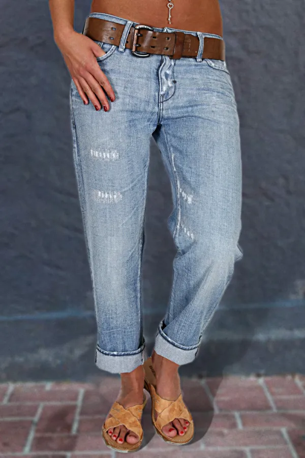 Ripped Zip Detail Slant Pocket Jeans Without Belt