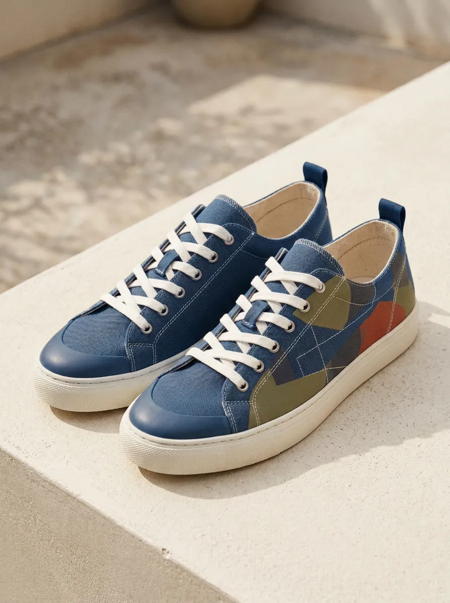 Paneled Geometric Abstract Canvas Sneakers
