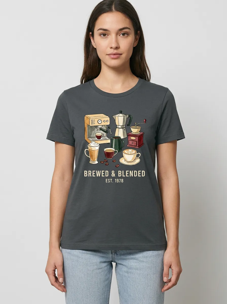 Women's Coffee-Inspired Espresso Machine Printed T-Shirt