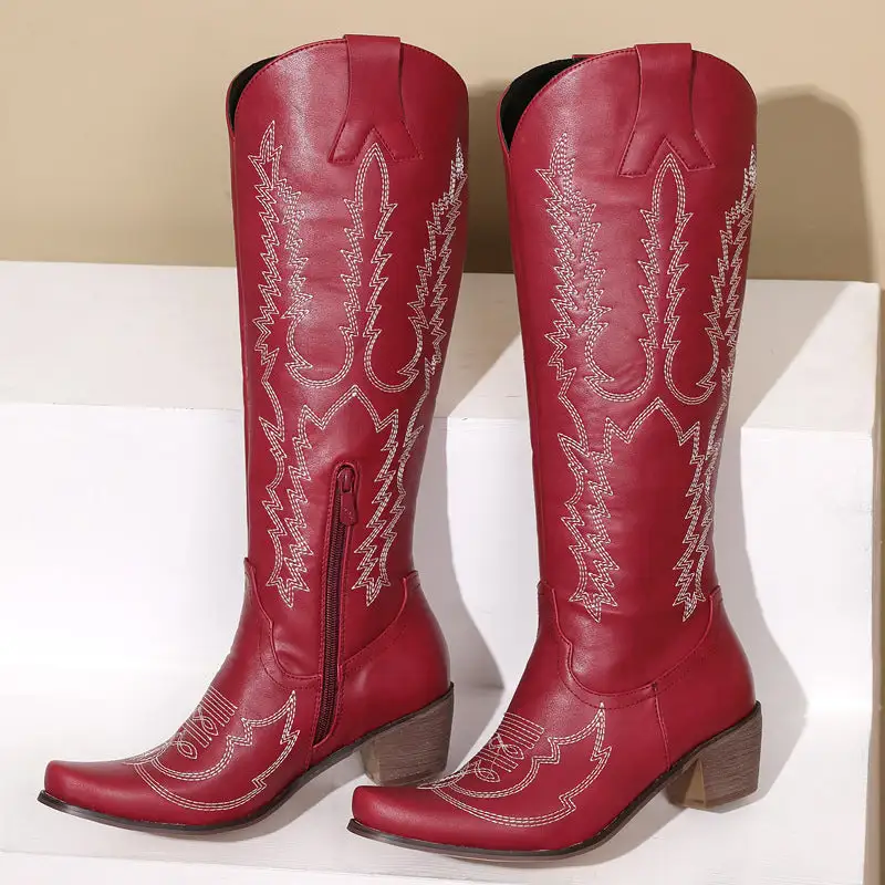 Flower Embroidery Block-Heel Knee-High Cowboy Boots Vintage Western Boots