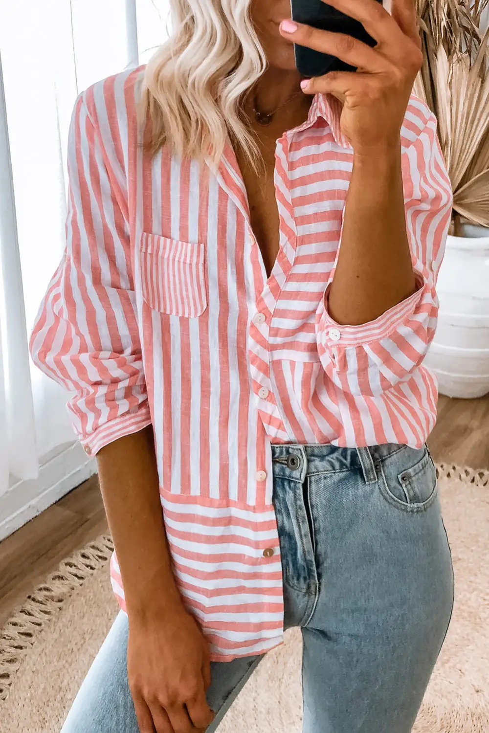 Women's Striped Long Sleeve Button Front Blouse