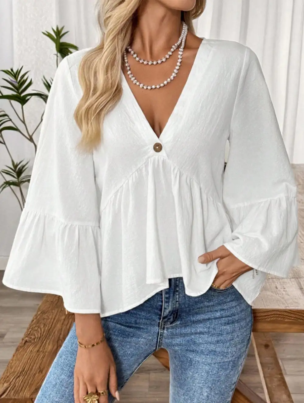 V-Neck Ruffle Sleeve Cotton Top