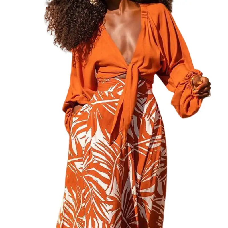 Layered V Neck Long Sleeve Top And Printed Pants Set