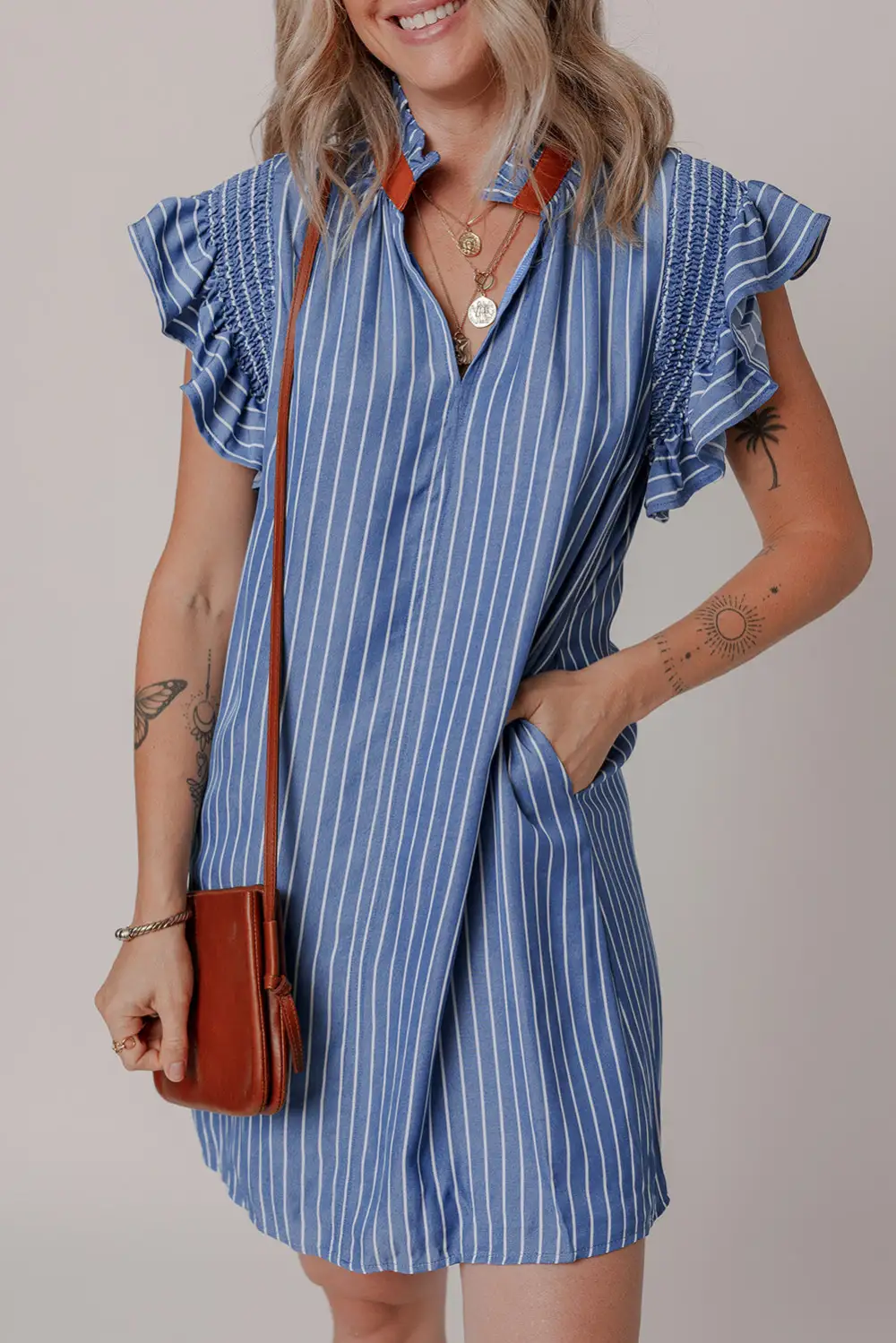 Laidback Striped Ruffle Trim Shirred Mini Dress