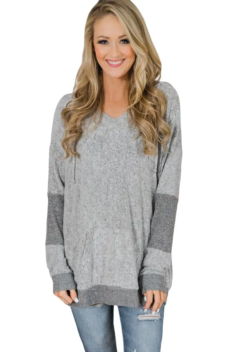 Charcoal V Neck Patchwork Design Hoodie