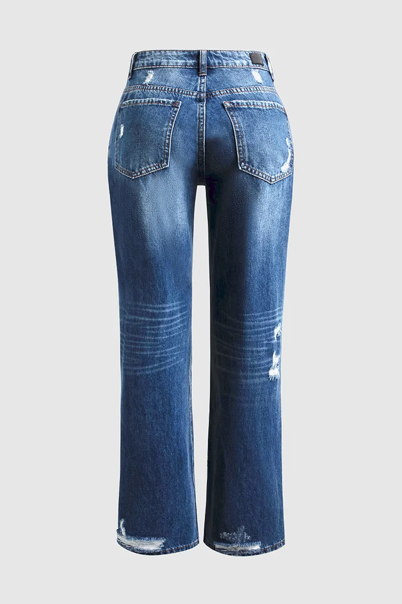 Ripped Low Waist Straight Leg Jeans