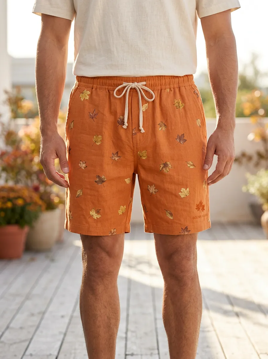 Rust Maple Leaf Print Drawstring Drawstring Shorts