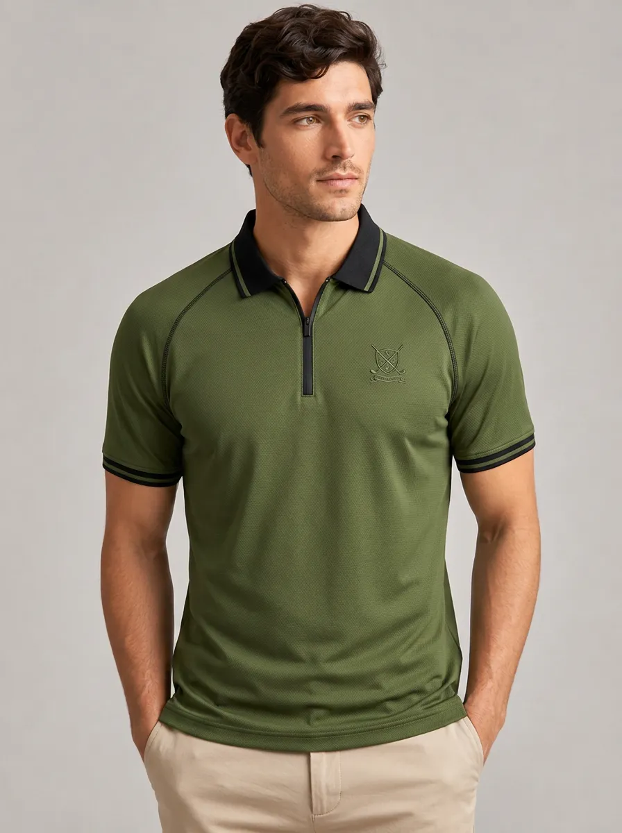 Men's Equestrian Lover Crossed Riding Crop Printed Zip Polo Shirt