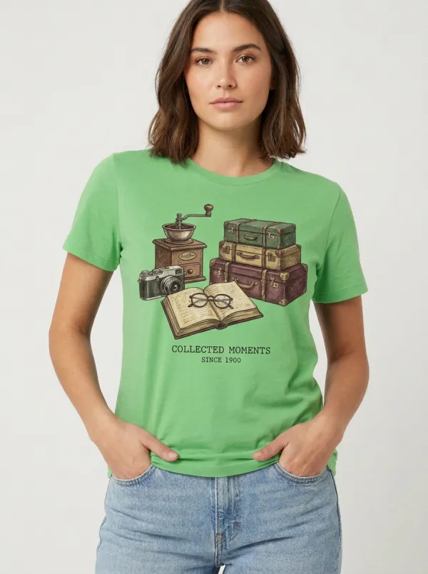 Women's Travel-Inspired Vintage Suitcase Camera Book Printed T-Shirt