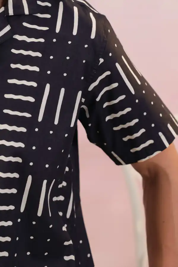 Black Abstract Mulmul Cotton Camp Collar Shirt