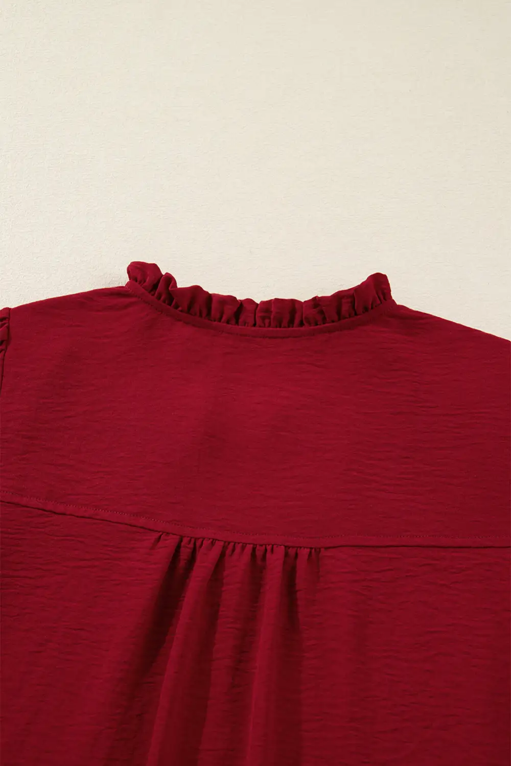 Burgundy Notched Neck Shirred Cuff Long Sleeve Blouse