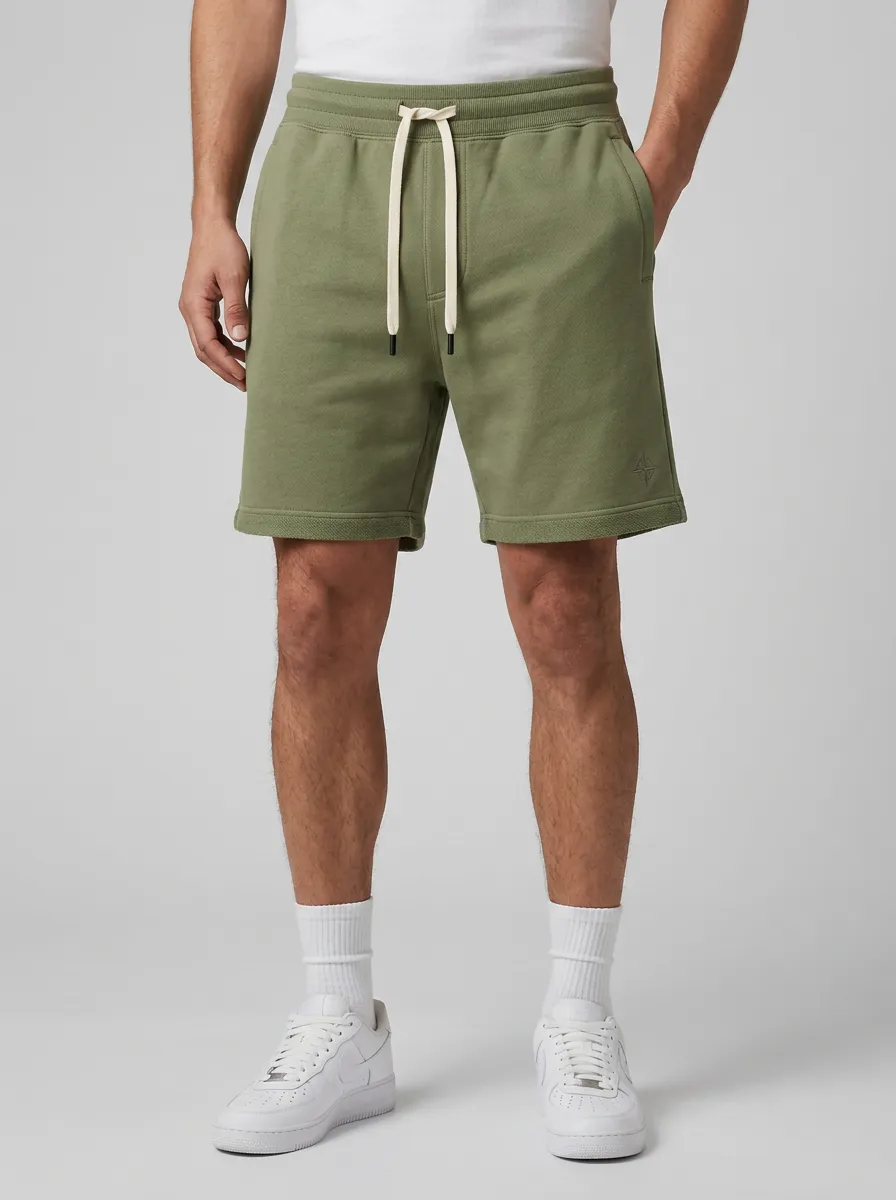 Men's Olive Green Drawstring Casual Embroidered Logo Sweat Shorts