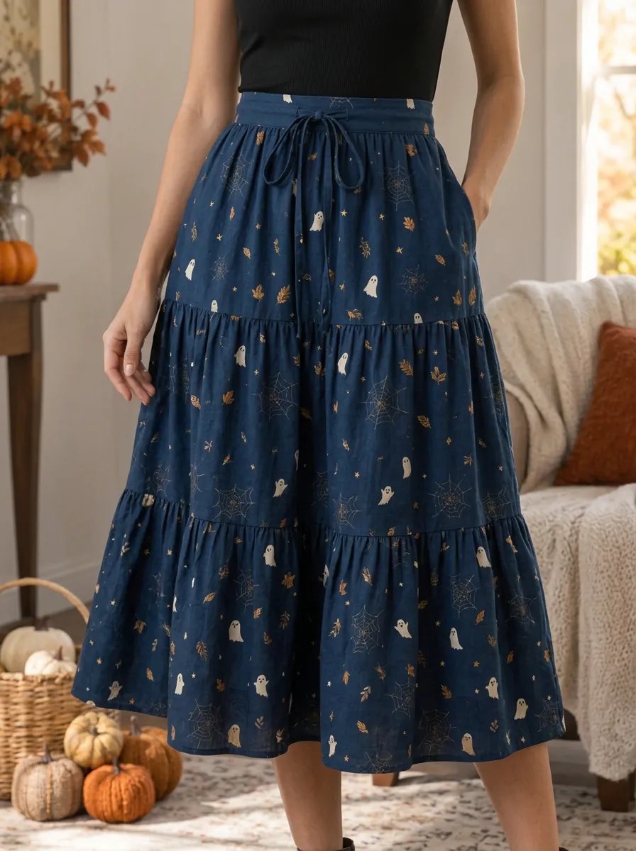 Women's Halloween Ghost Spiderweb Leaf Printed Tiered Midi Skirt