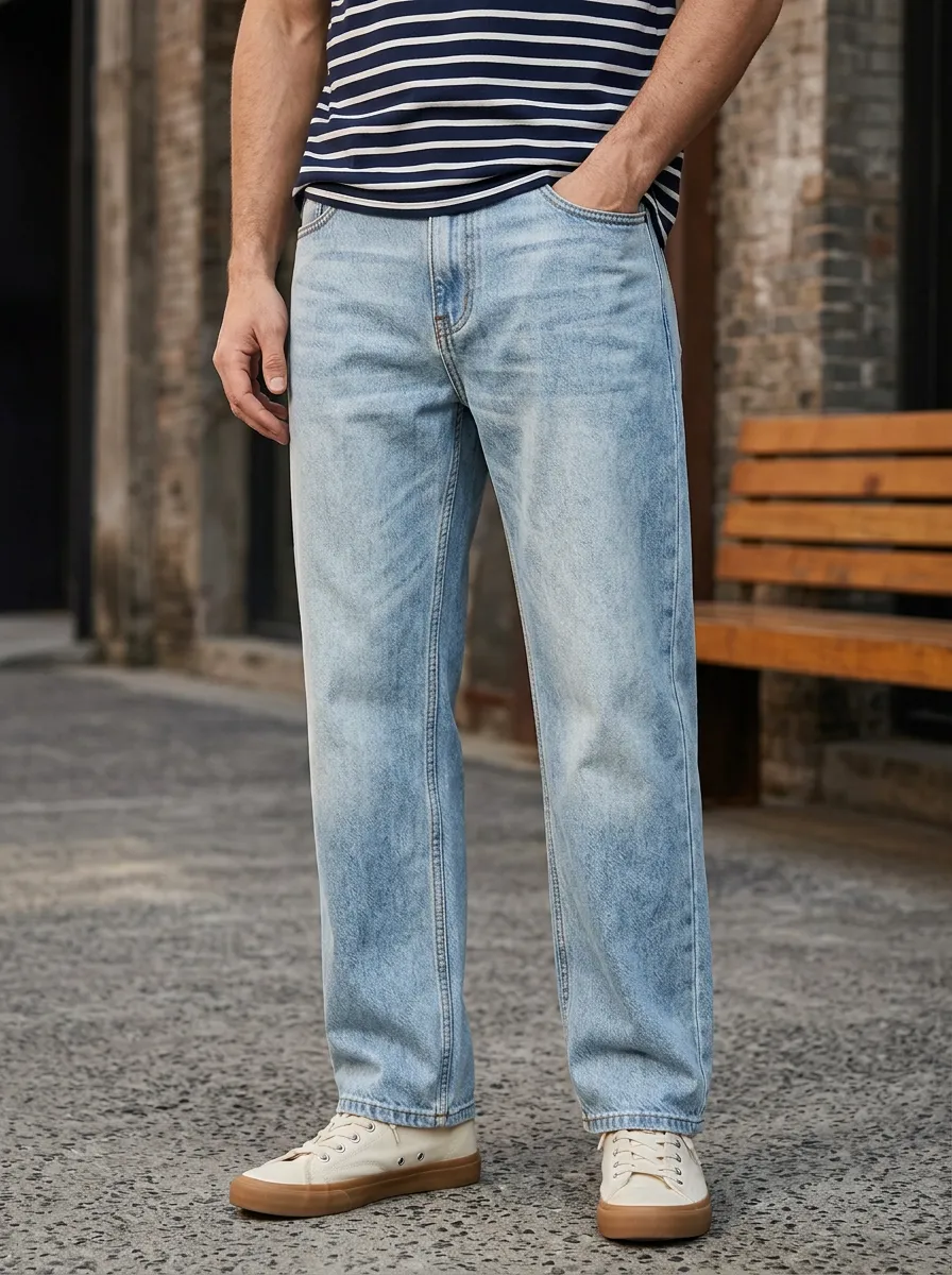 Men's Casual Vintage Light Wash Straight Leg Denim Jeans