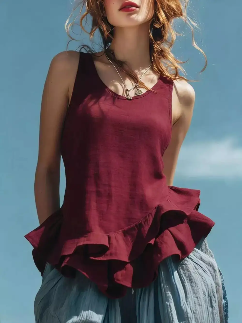 Ruffled Hem Round Neck Tank