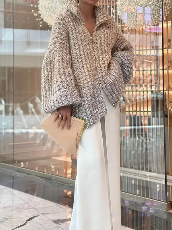 Women's Zip-Up High-Neck Relaxed Sweater