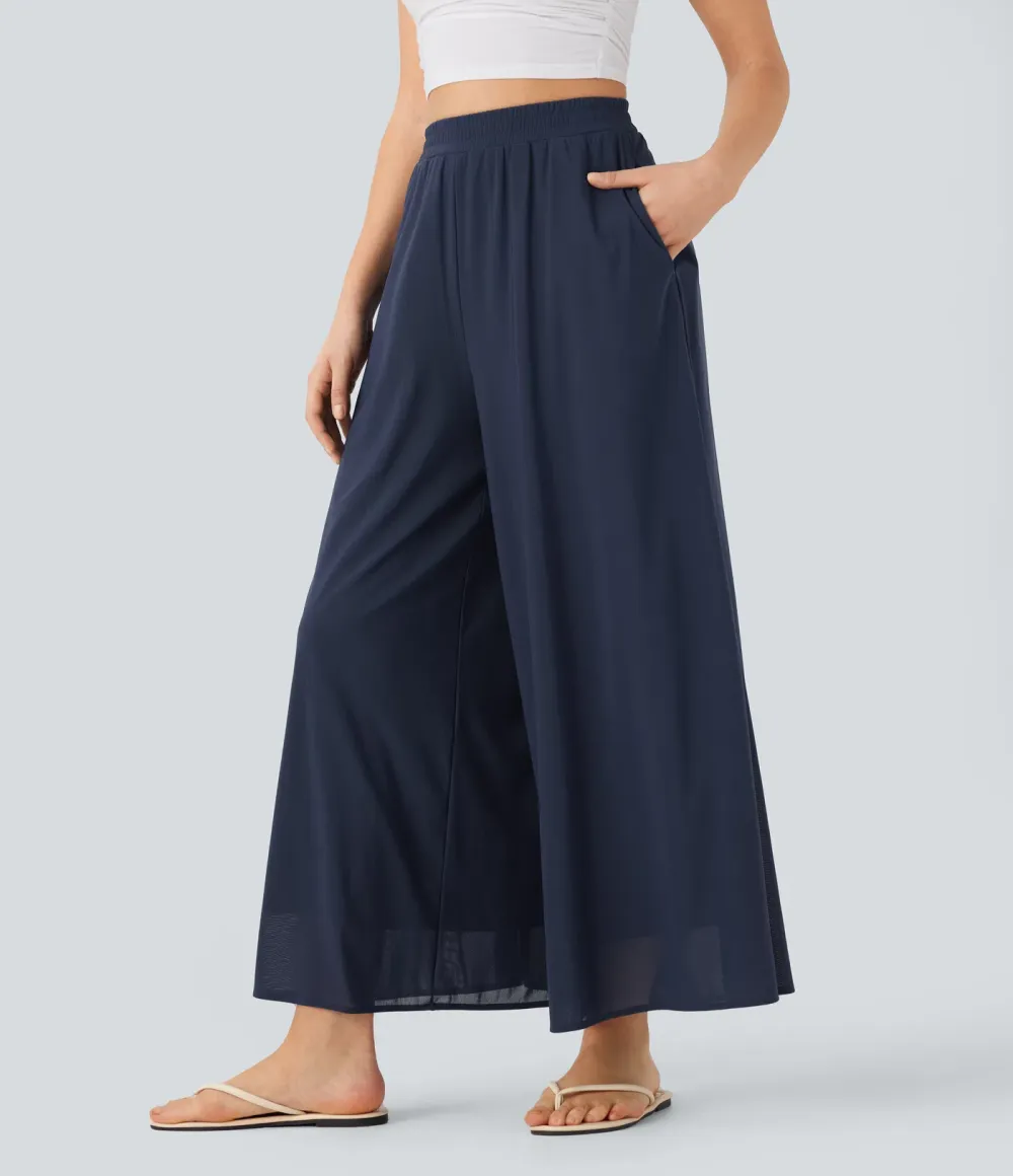 High Waisted Pocket Mesh Overlay Wide Leg Casual Pants