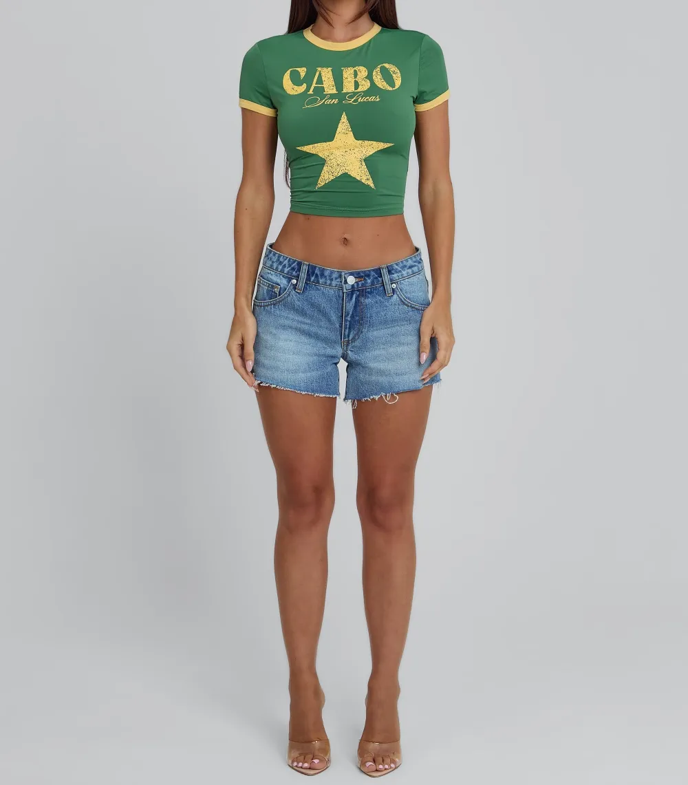 Mid Blue Raw Hem Denim Shorts