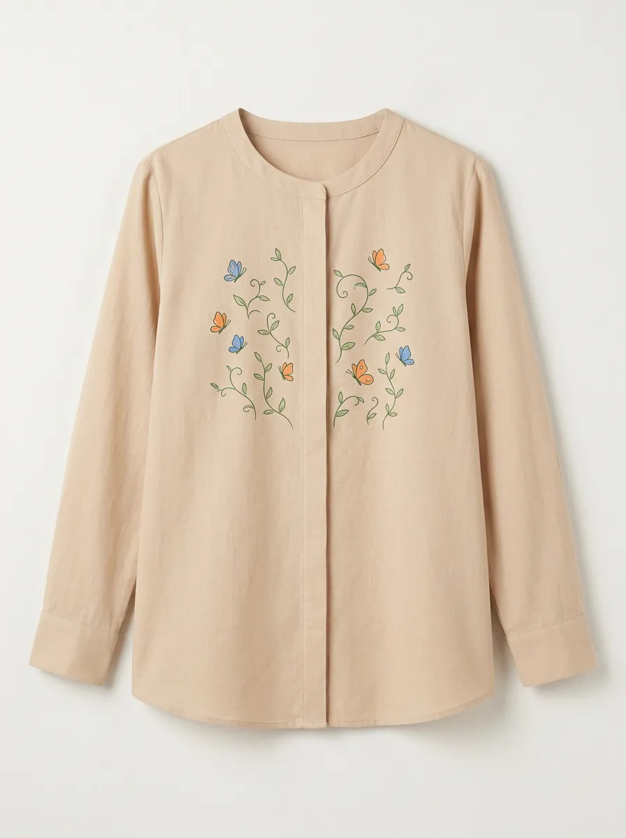 Women's Mandarin-Collar Embroidered Shirt