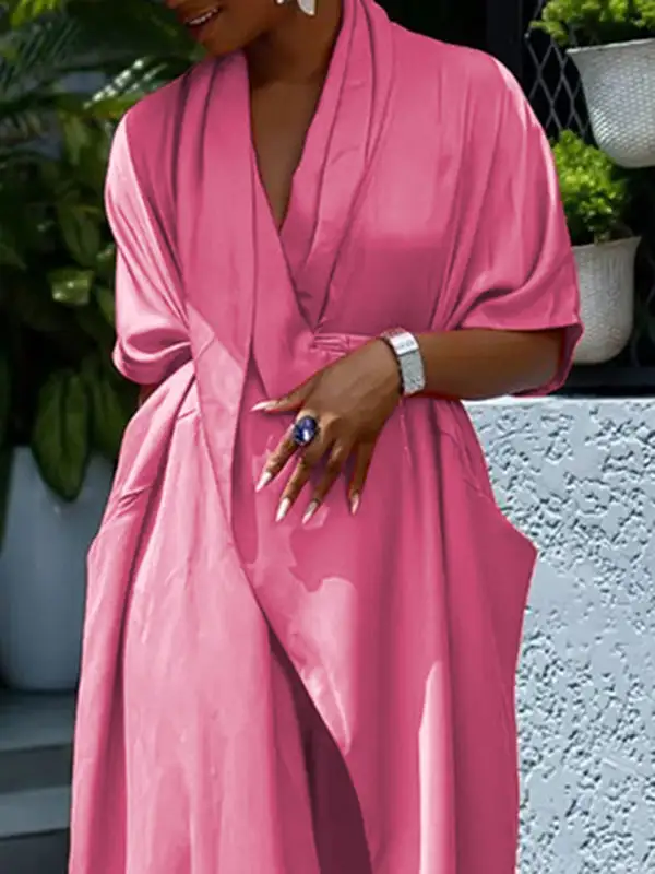 Pleated Sleeve Neck Shirt Maxi Dress