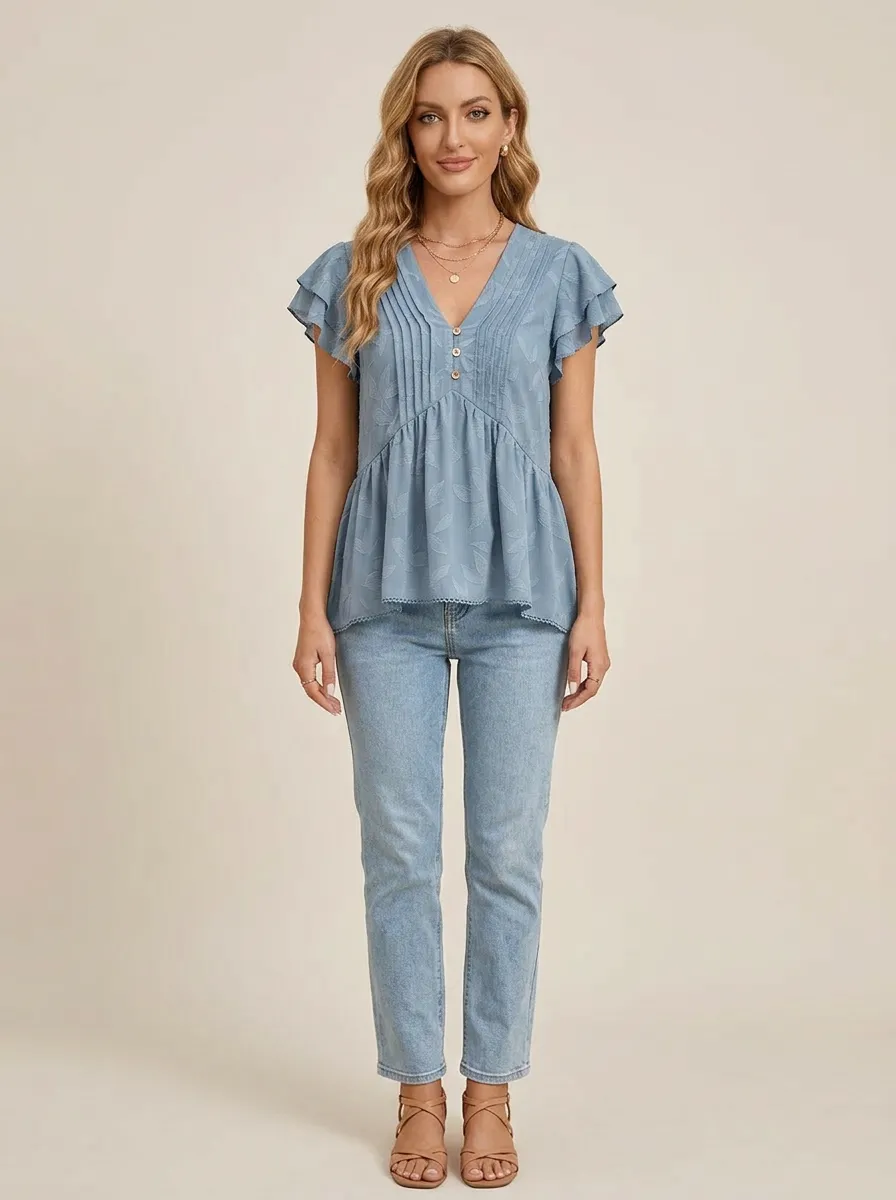Boho Leaf Pattern Printed V-Neck Peplum Top