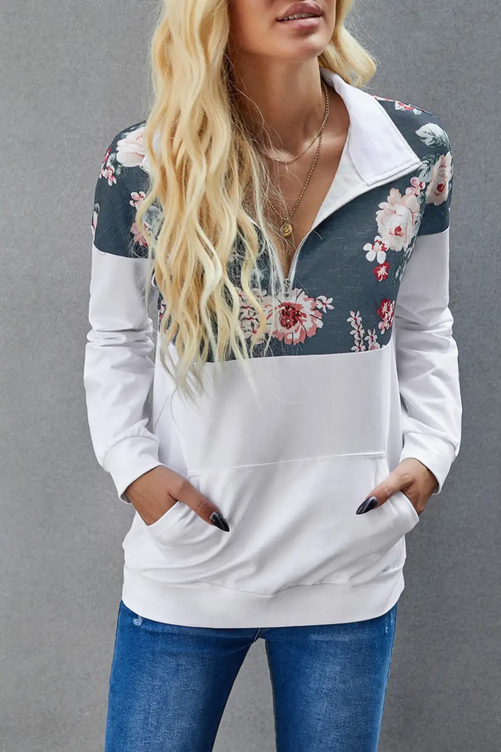 Floral Splice Kangaroo Pocket Zip Collar Sweatshirt