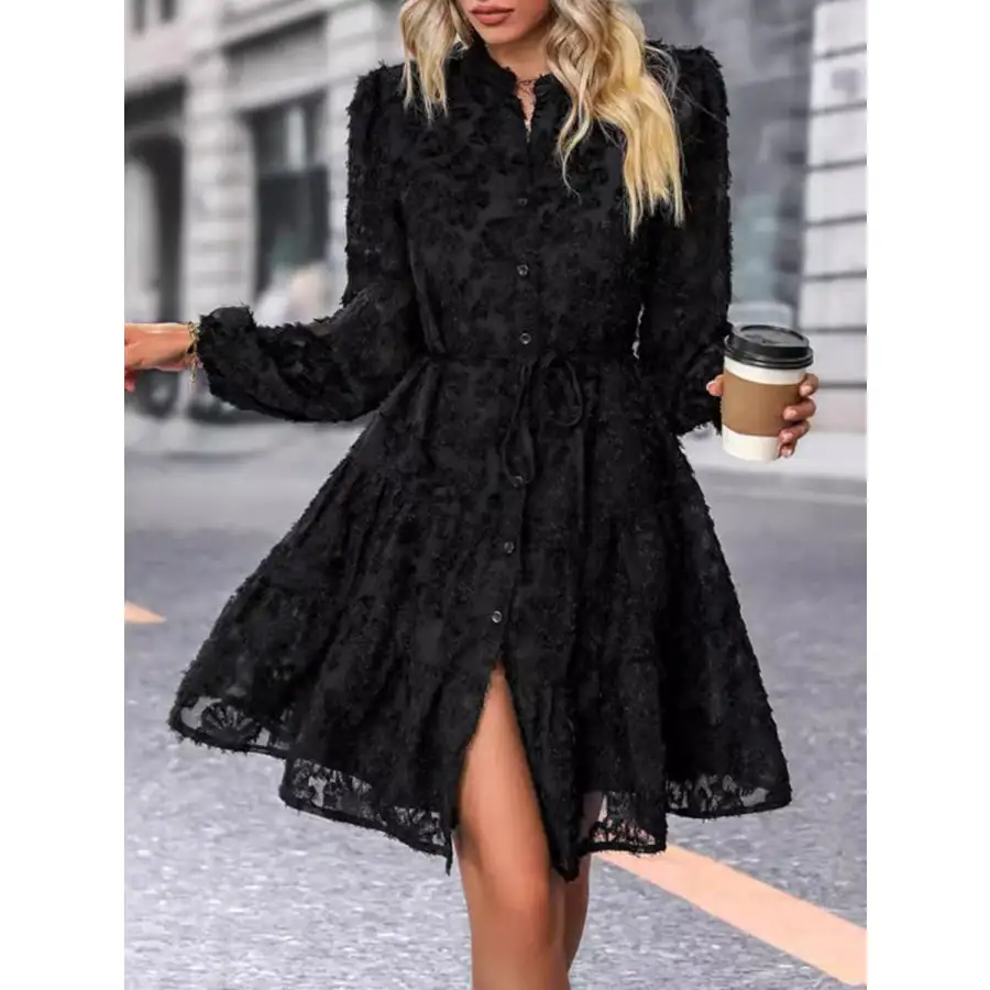 Lace Button Down Long Sleeve Mini Dress