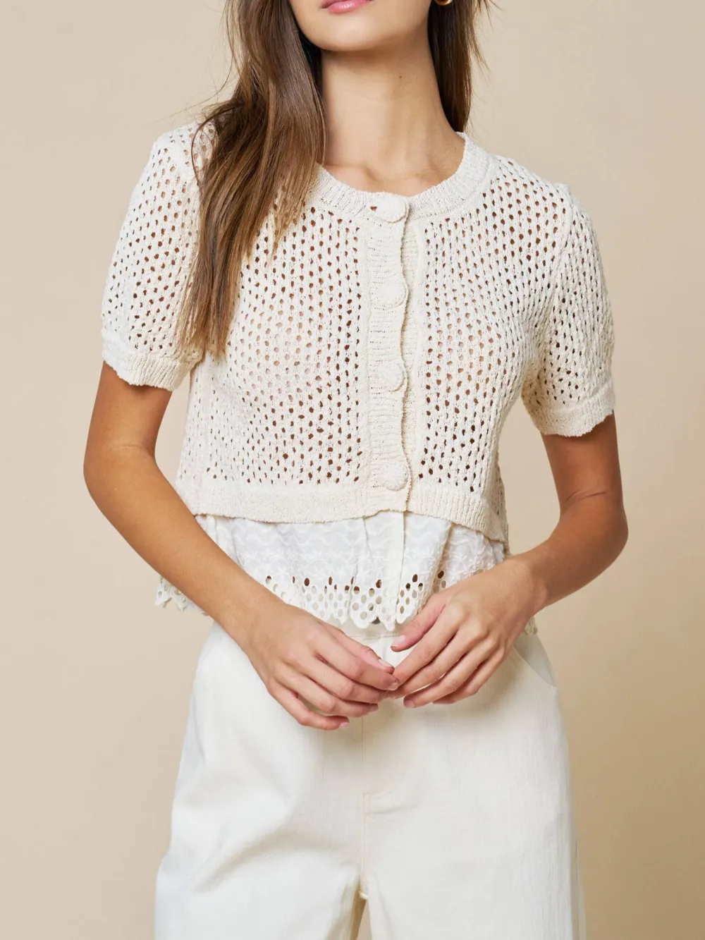 Open Sweater Short Sleeve Top W Lace