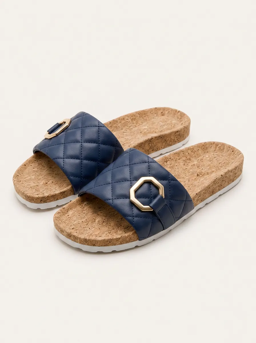 Women's Casual Navy Quilted Buckle Cork Printed Slides