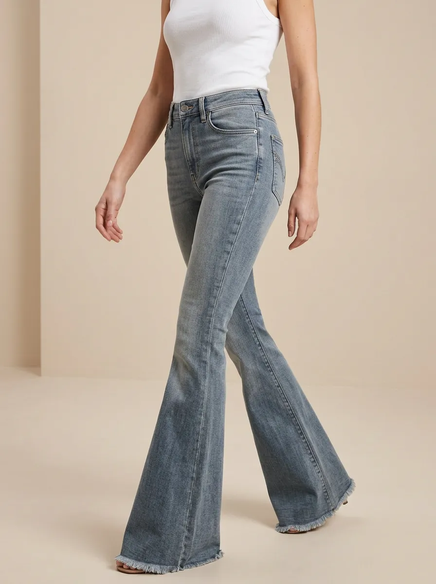 Raw Hem Faded Finish Printed Detail Flare Jeans