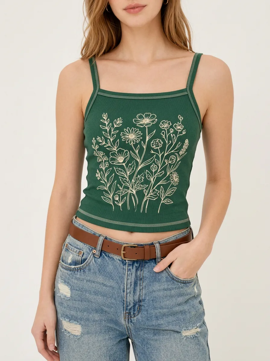 Women's Botanical Nature-Inspired Wildflower Cropped Ribbed Tank Top