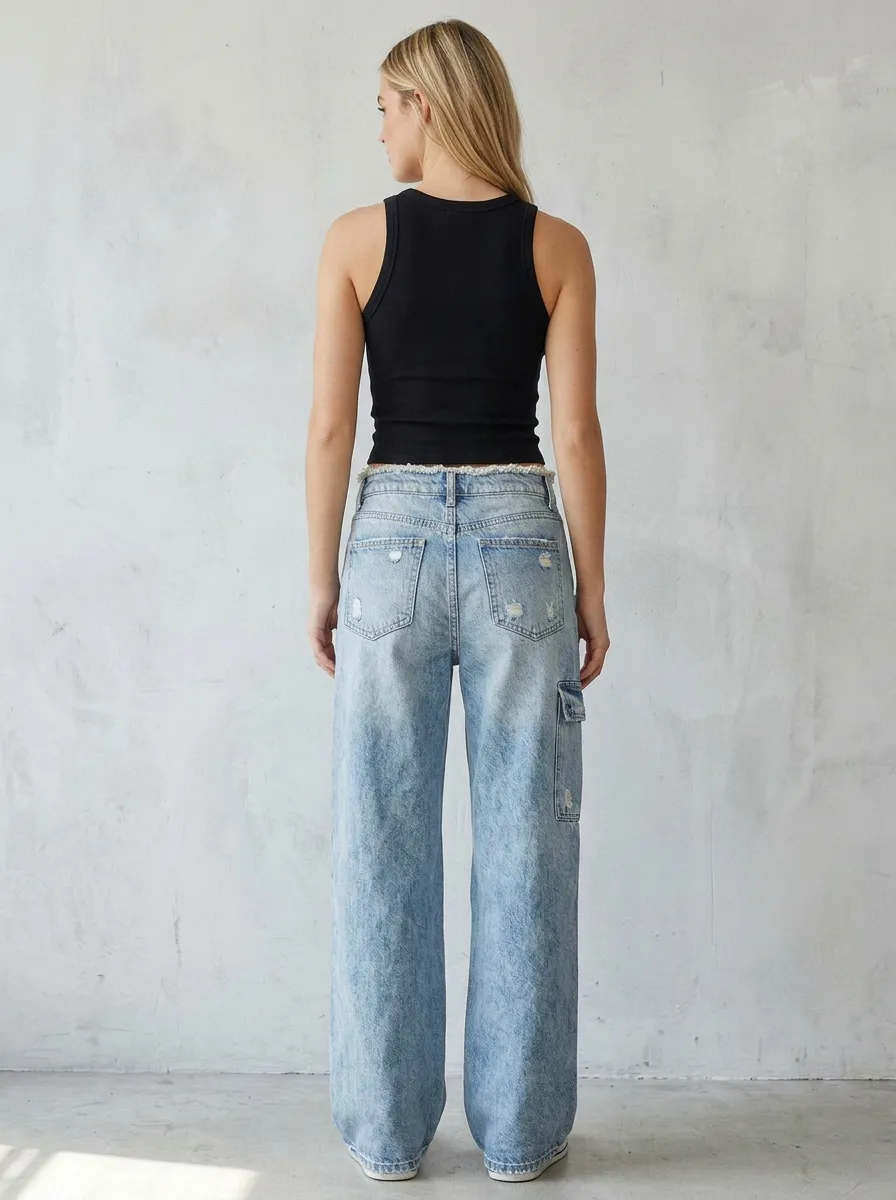Women's Classic Distressed Cargo Wide Leg Denim Baggy Jeans