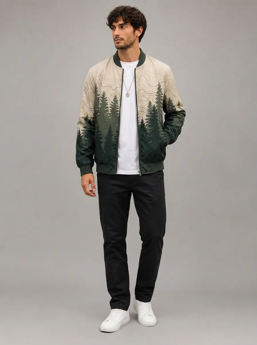 Men's Nature Lover Pine Forest Topographic Printed Bomber Jacket