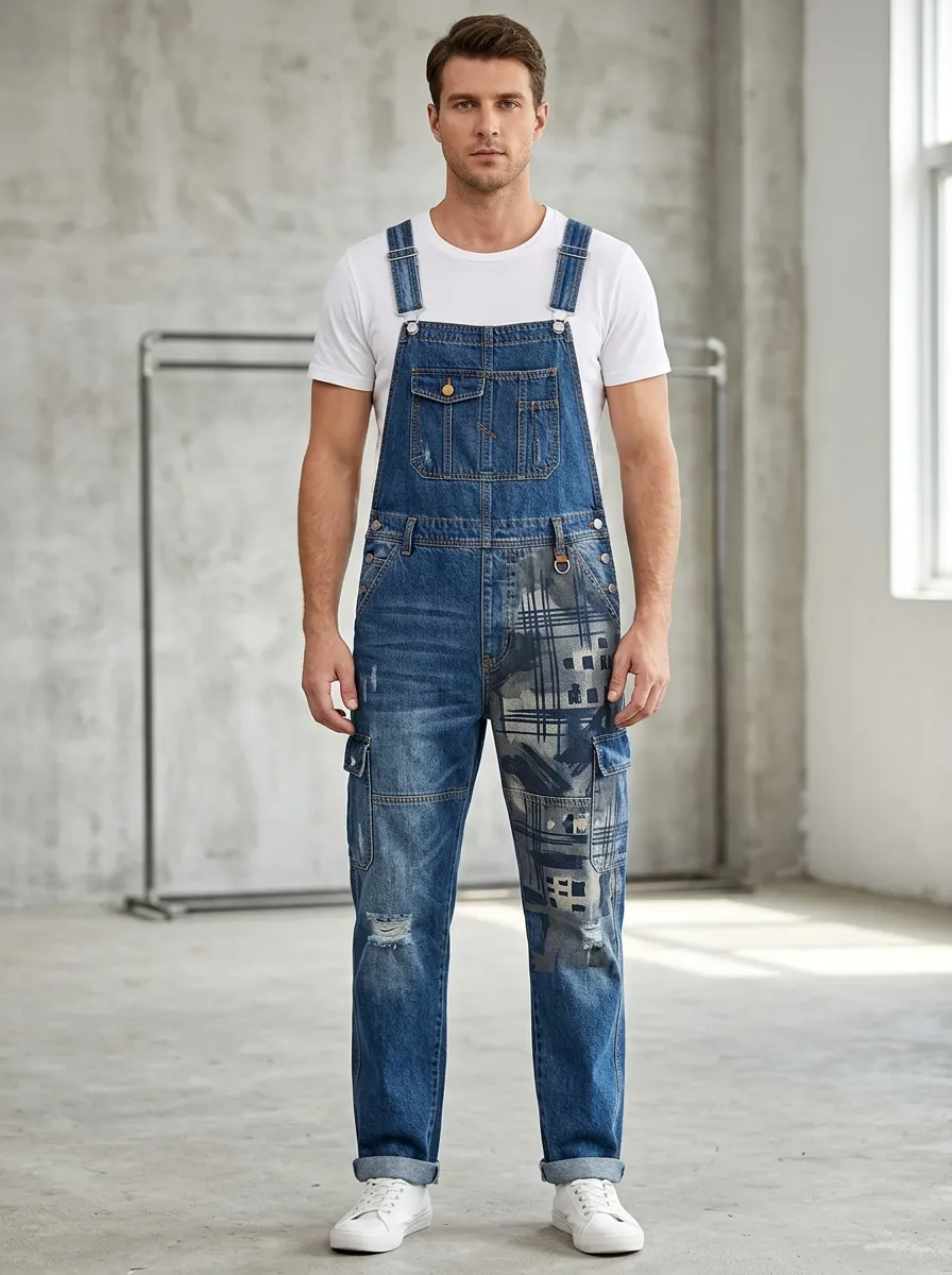 Distressed Graphic Denim Overalls