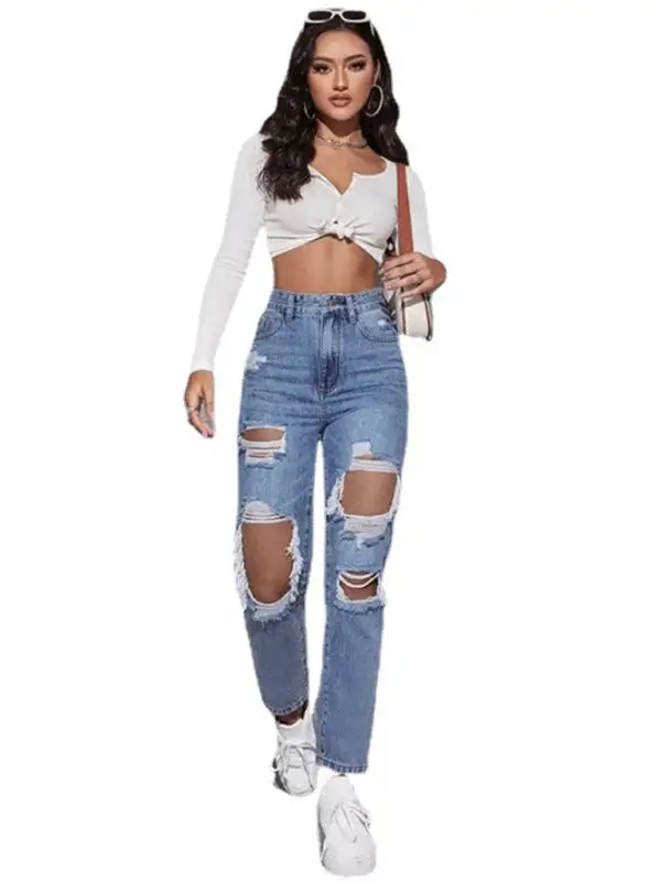 Washed Ripped High Waist Straight Trousers Pants