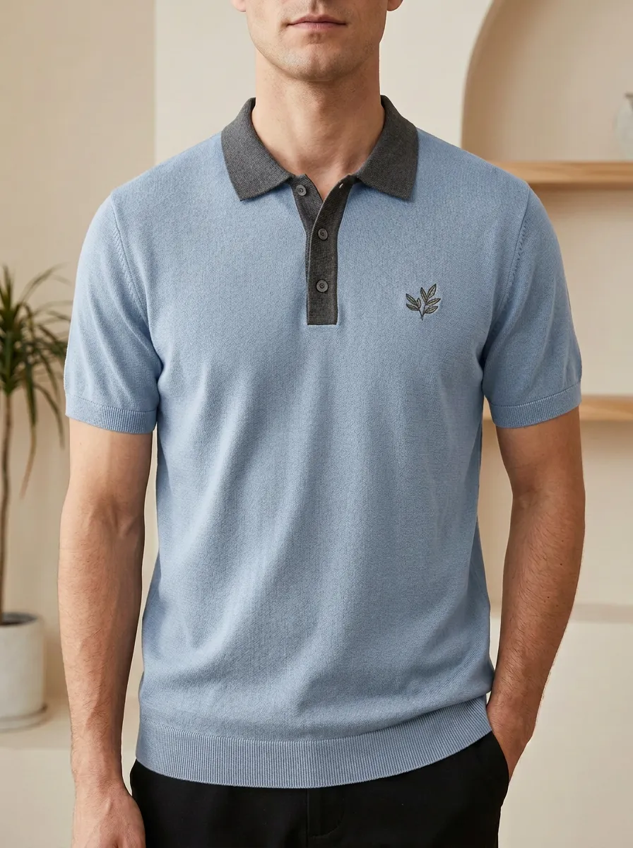 Leaf-Pattern Knit Men's Polo Shirt