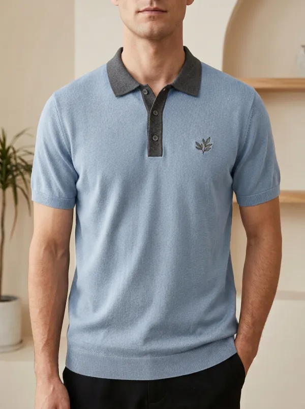Leaf-Pattern Knit Men's Polo Shirt