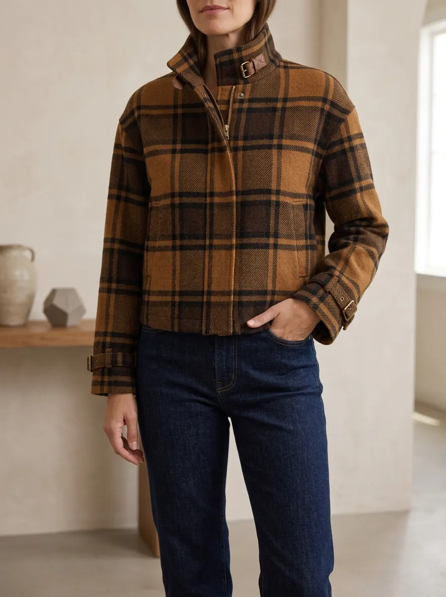 Women's Everyday Plaid Stand Collar Cropped Jacket